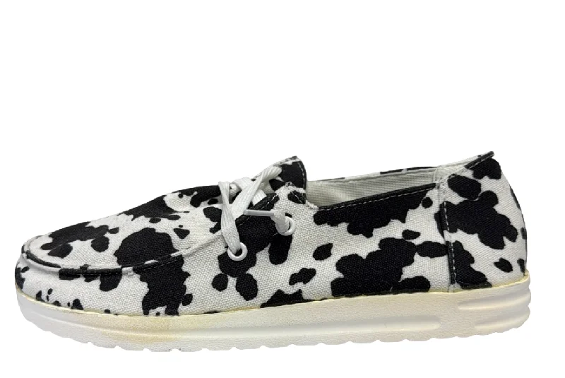 White Cow Print Slip-On Shoes