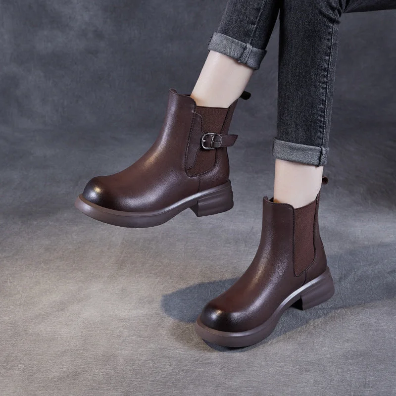 Women Solid Leather Buckle Fashion Ankle Boots