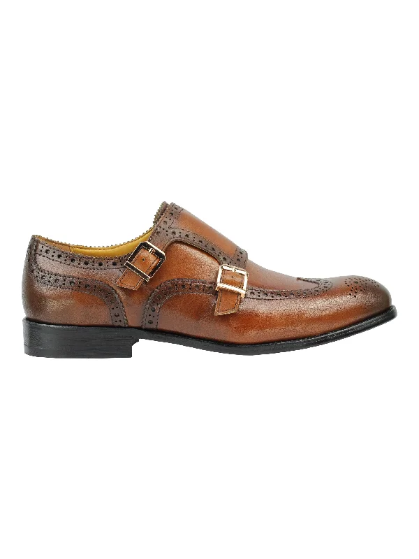 Real Leather Black Brown Brogue Monk Shoes