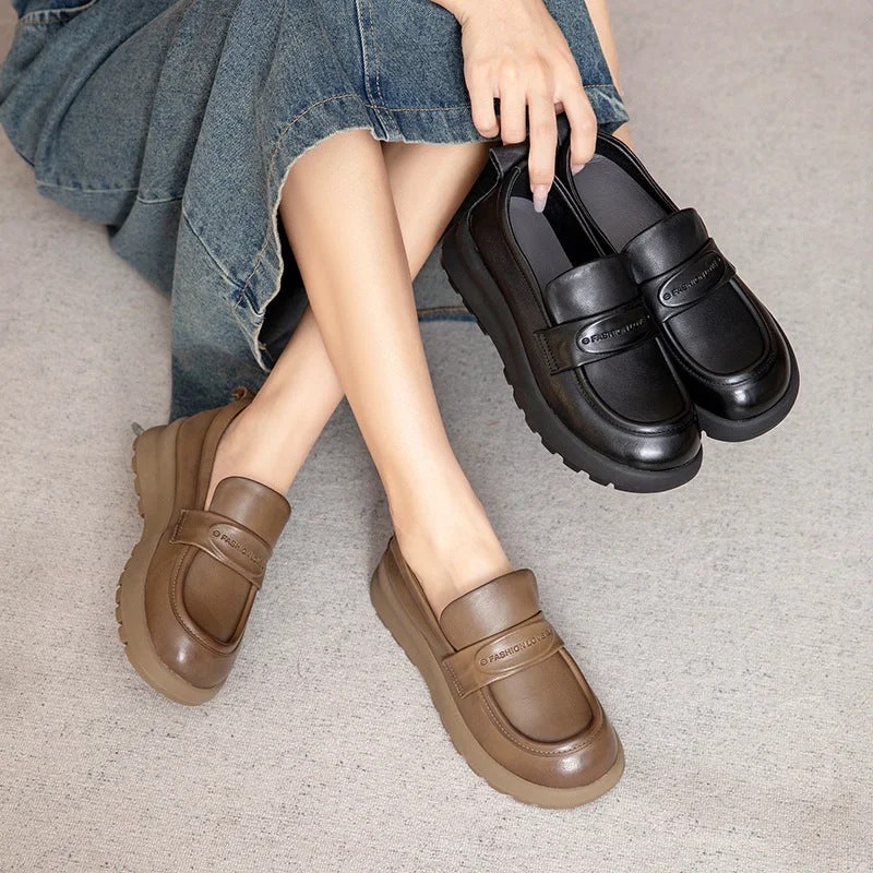 Women Retro Solid Leather Soft Casual Loafers