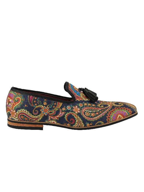 FAUX LEATHER PAISLEY PRINT TASSEL LOAFER IN BLUE