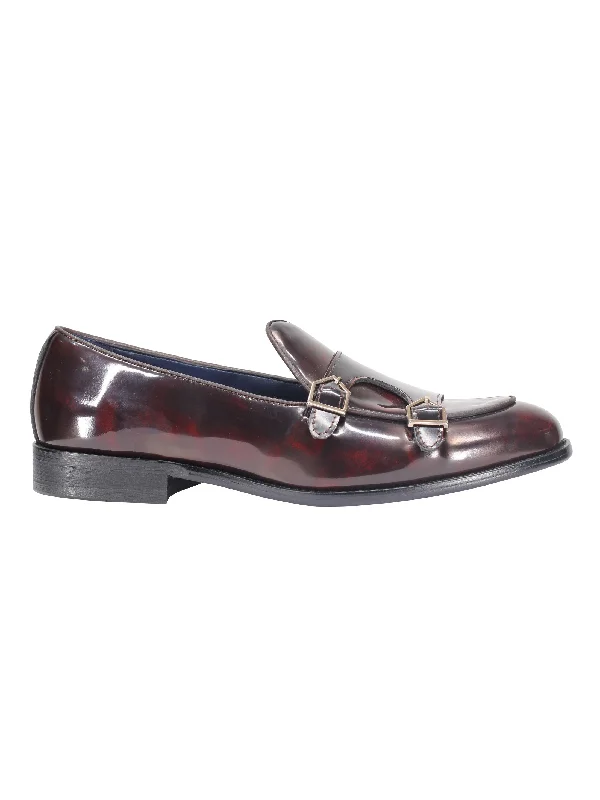 Mens Double Monk Loafers in Maroon Wine Patent Real Leather Slip on Shoes