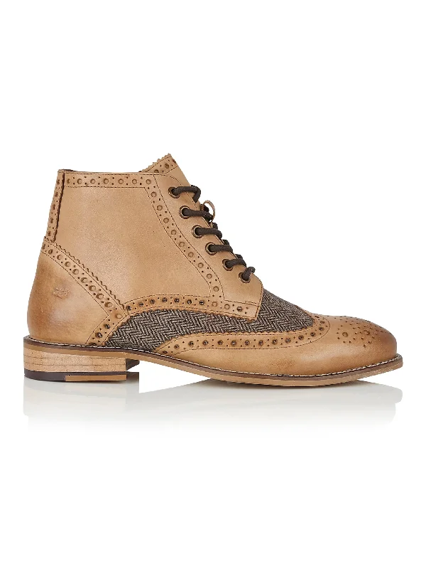 TAN LEATHER BROWN TWEED DERBY BROGUES BOOT