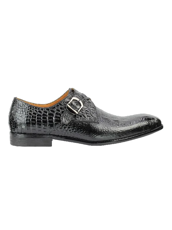 Real Leather Black Print Monk Loafers