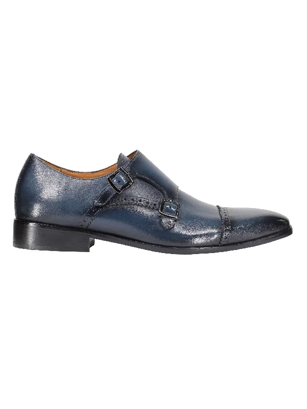 BLUE CALF LEATHER SEMI BROGUE MONK SHOES