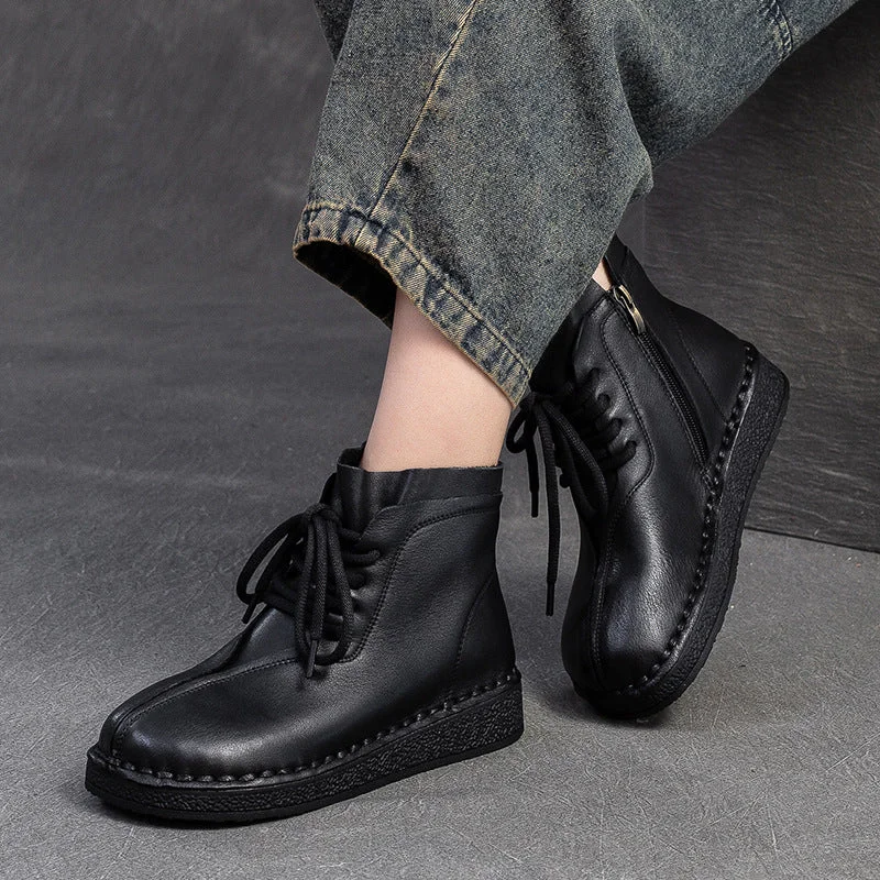 Women Vintage Solid Leather Flat Ankle Boots