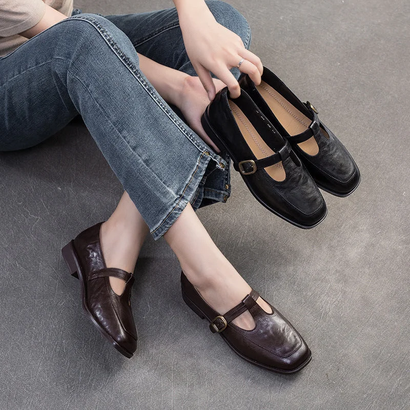 Women T-Strap Retro Leather Casual Loafers