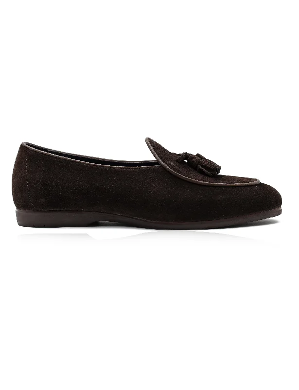 BROWN SOFT SUEDE TASSEL SLIPPERS