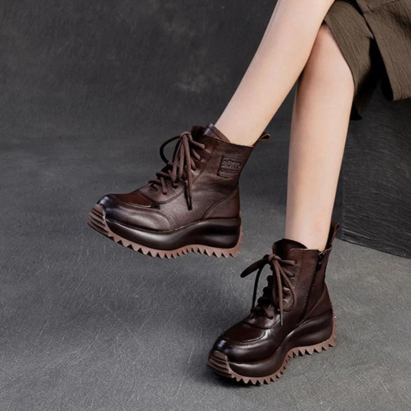 Women Retro Solid Leather Anti-Slip Thick Soled Ankle Boots