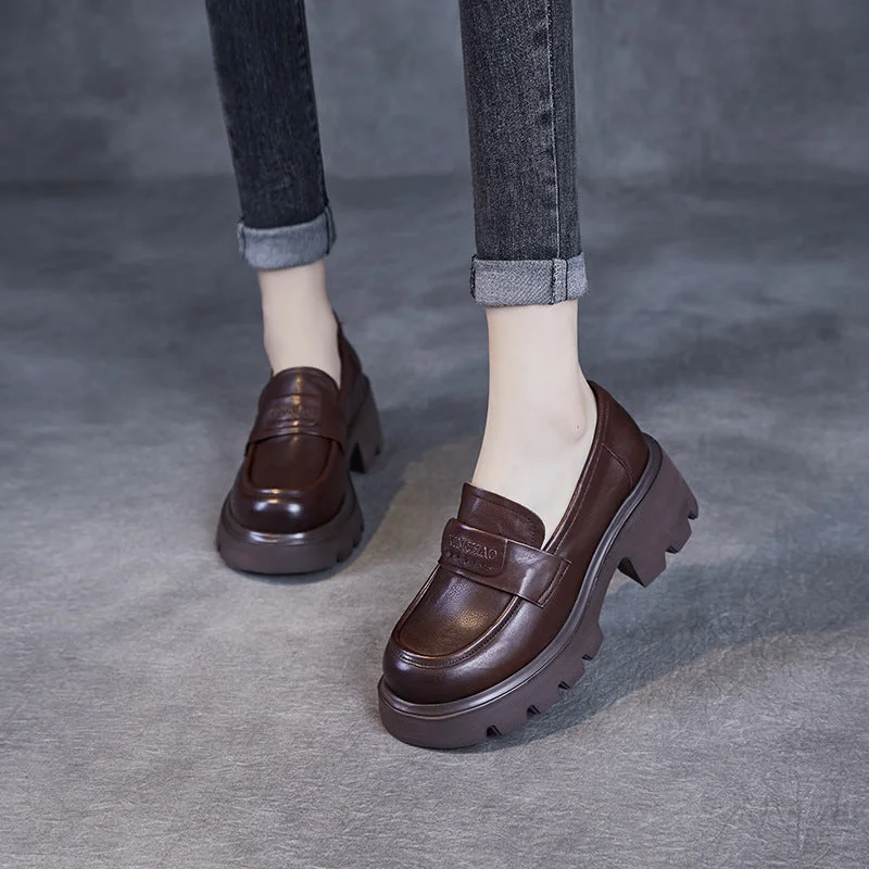 Women Minimalism Solid Leather Chunky Heel Loafers