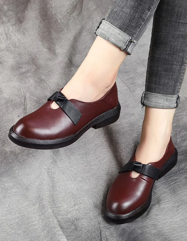 Autumn Soft Leather Bowknot Retro Flat Shoes