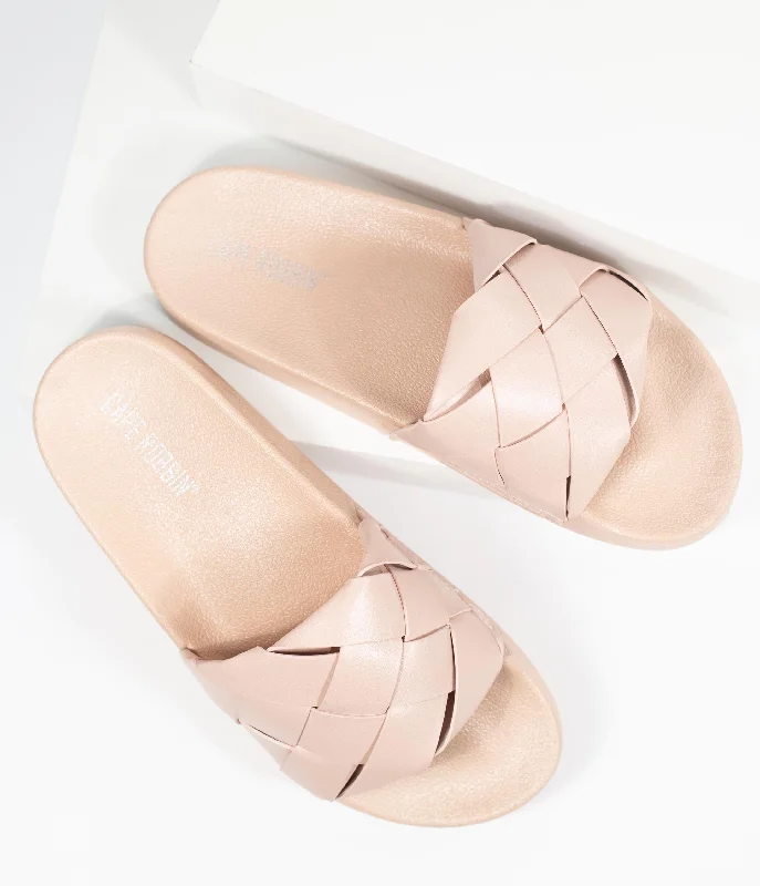 Blush Pink Leatherette Woven Slide Sandals