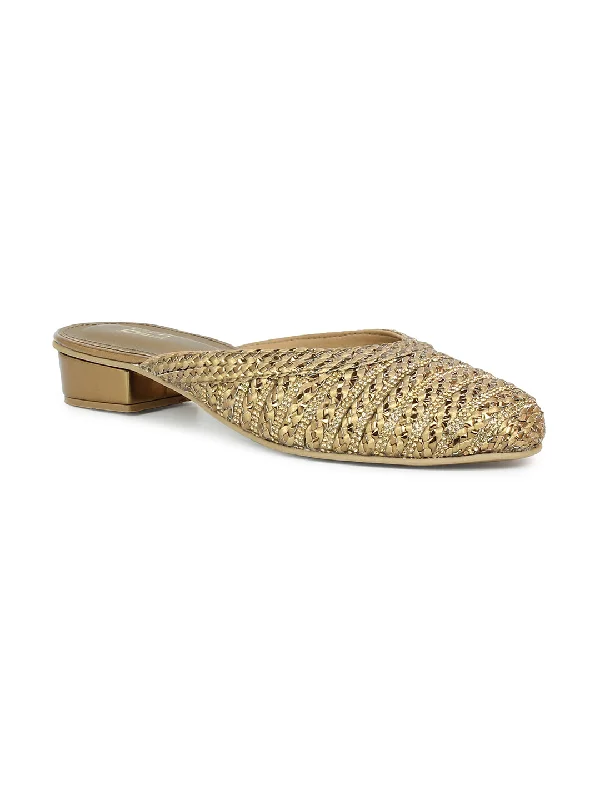 Women Ant Gold Embellished Ethnic Mules Flats