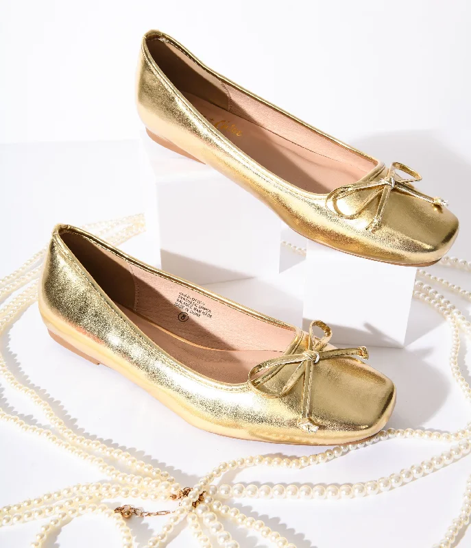 Metallic Gold Leatherette Bow Flats