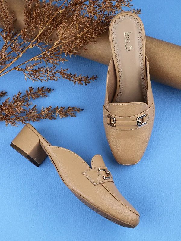 Women Beige Block Heeled Mules with Buckle