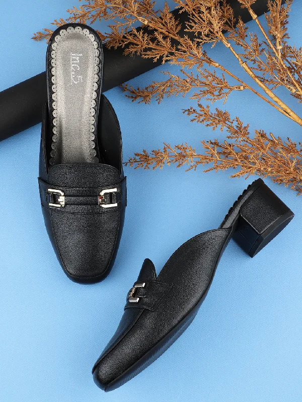 Women Black Block Heeled Mules with Buckle