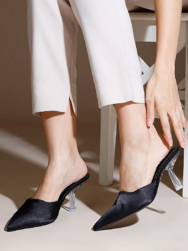 Women Black Pointed Toe Embellished Party Stiletto Mules