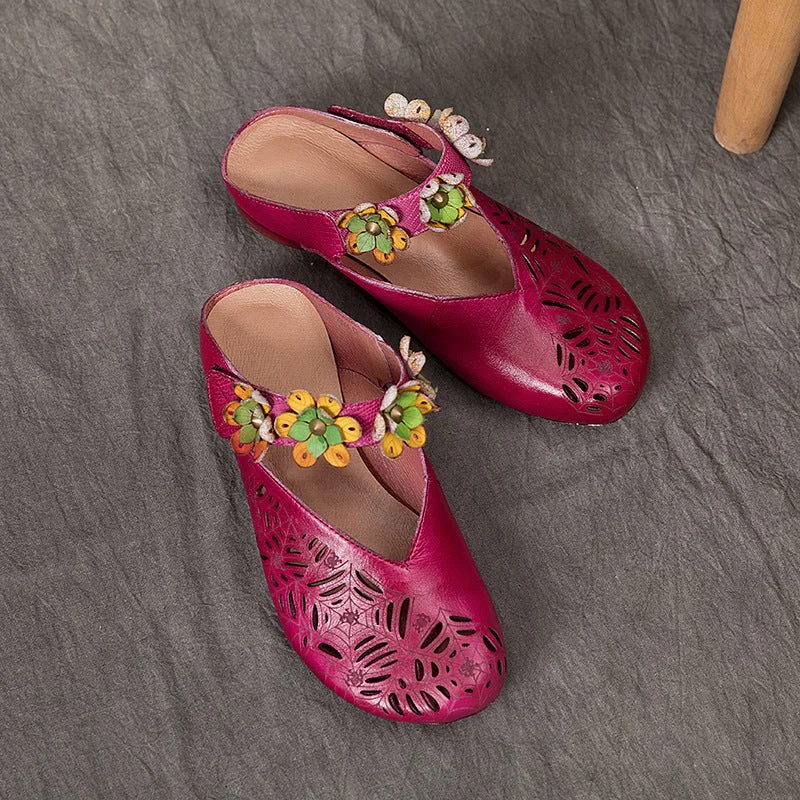 Women Ethnic Style Retro Hollow Floral Leather Slippers