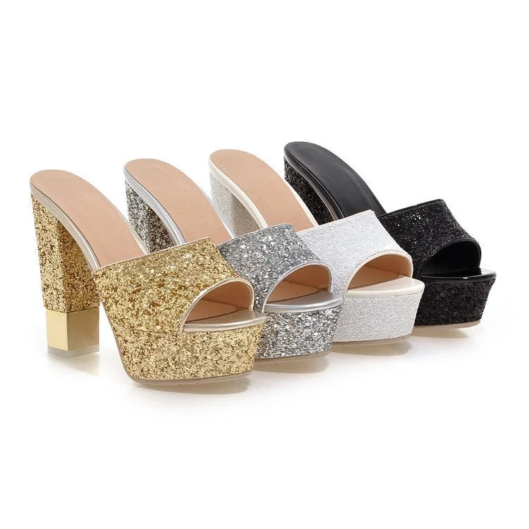 Women High Heel Sequin Slides Platform Sandals Shoes 7640