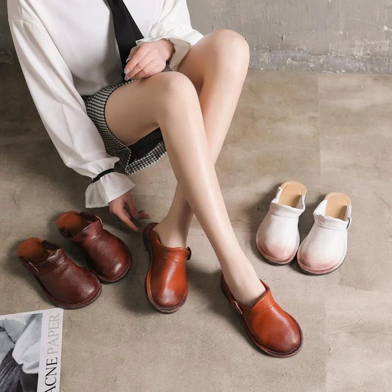 Women Leather Closed Toe Casual Flats Slippers