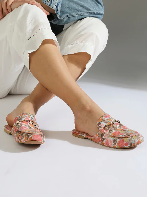 Women Peach Printed Mules with Bows Flats