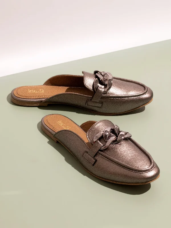 Women Pewter Mules Flats With Buckles