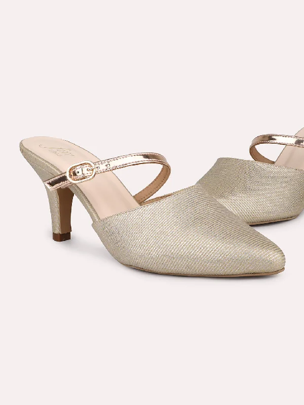 Women Rose Gold Embellished Party Mules With Buckles Detail