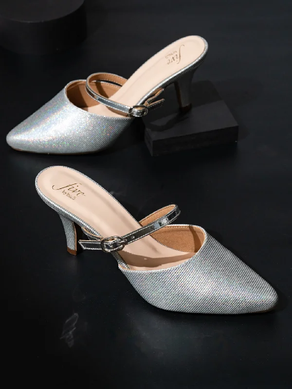 Women Silver Embellished Party Mules With Buckles Detail