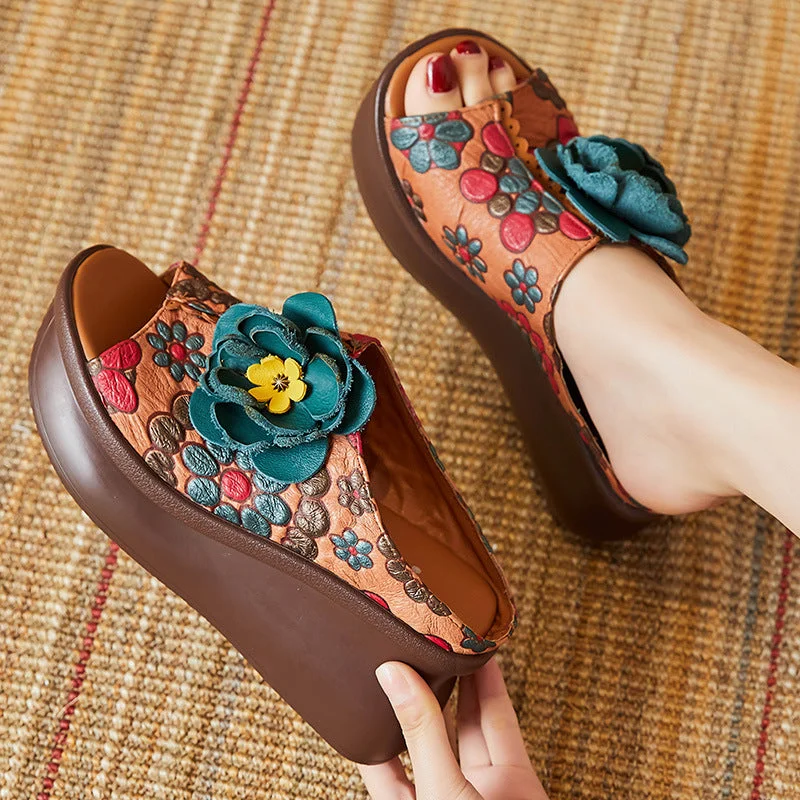 Women Summer Floral Leather Slipsole Casual Slippers