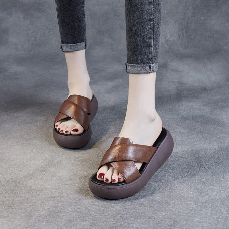 Women Summer Retro Leather Platform Casual Slippers