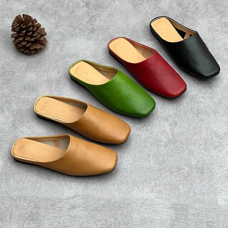 Women Summer Retro Solid Leather Mule Slippers