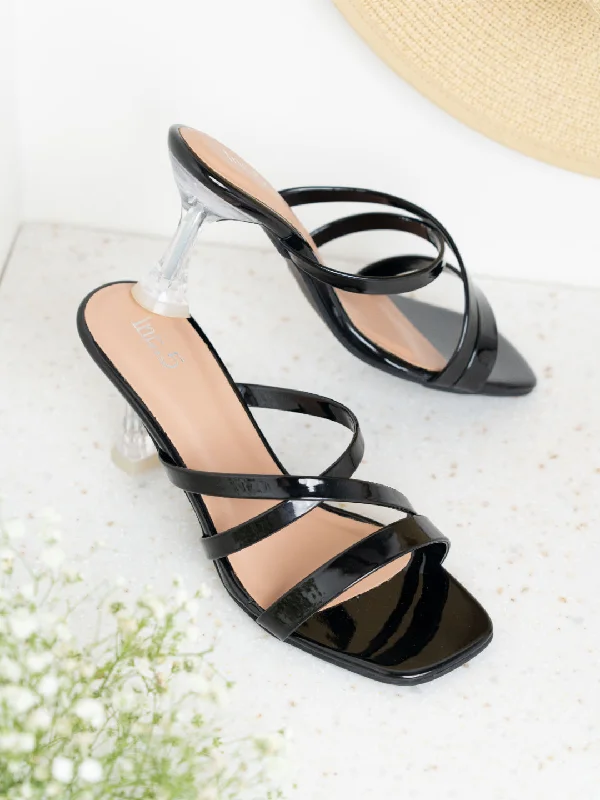 Womens Black Party Wear Strappy Square Toe Mules