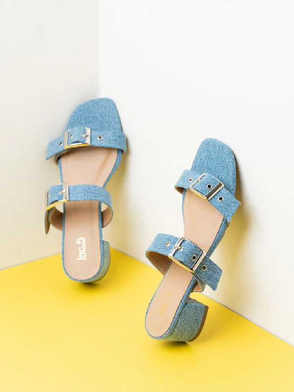 Womens Blue Casual Solid Square Toe Mules