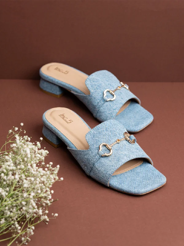 Womens Denim Blue Casual Square Toe Mules