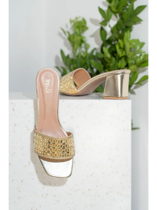 Womens Gold Party Wear Solid Square Toe Mules