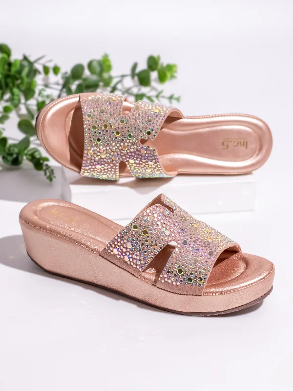 Womens Rose Gold Ethnic Open toe Wedges Mules