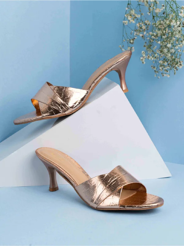 Womens Rose Gold Party Wear Solid Square Toe Mules