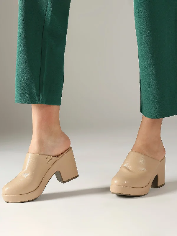 Womn Beige Platform Heel Mules