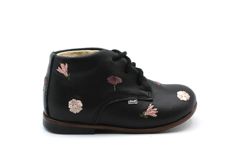 Emel Black Leather With Pink Embroidery Embroidered Bootie